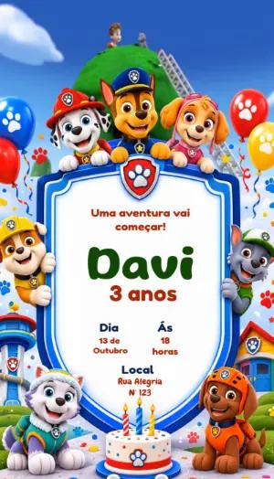 Convite Animado Patrulha Canina: Aniversário Infantil para Editar