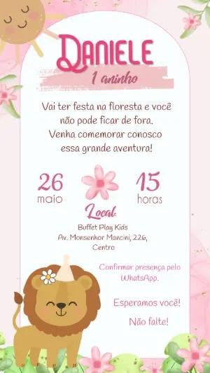 Convite Aniversário Safari Rosa Leãozinho para Editar Online