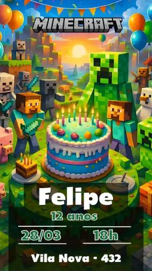 Convite de Aniversário Minecraft: Modelo Digital Editável