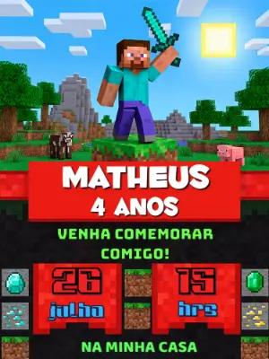 Convite de Aniversário Minecraft Pixelado para Editar