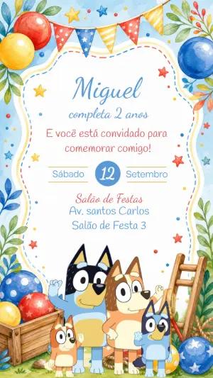 Convite de Aniversário Bluey e Família: Modelo Editável