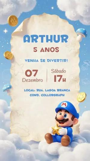 Convite Digital Aniversário Super Mario Azul 3D Editável