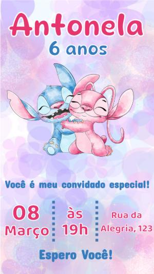 Convite Digital Aniversário Infantil Stitch e Angel Editável