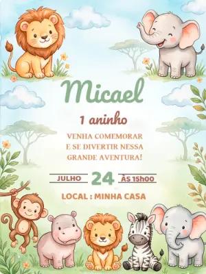 Convite de Aniversário Safari Baby Aquarela para Editar