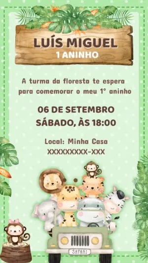 Convite Aniversário Safari com Bichinhos para Editar Online