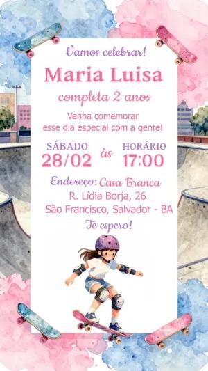 Convite Aniversário Skate Menina Aquarela Editável Online