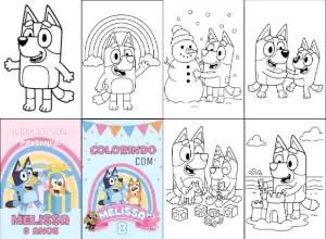 Mini Livro de Colorir Bluey e Bingo Rosa para Editar Online