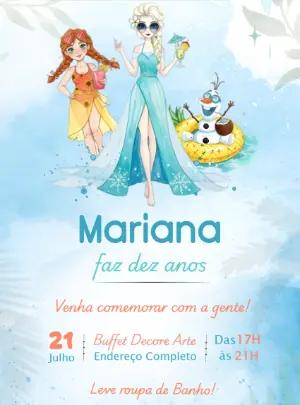 Convite de Aniversário Frozen Verão Aquarela para Editar