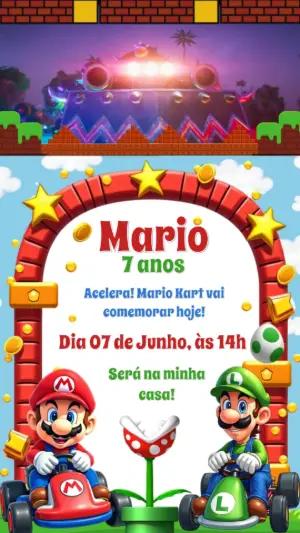 Convite Animado de Aniversário Mario Kart para Editar Online