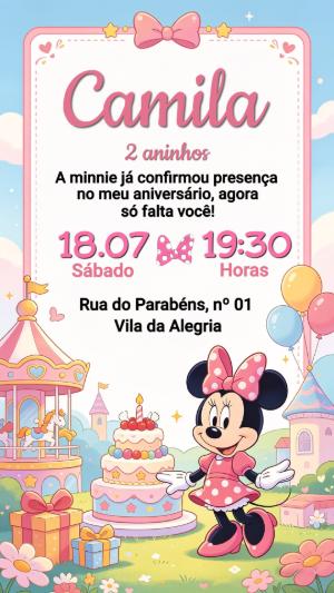 Convite de Aniversário Minnie Rosa | Modelo Digital Editável