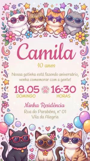 Convite de Aniversário Gatinhos Fofos Colorido para Editar