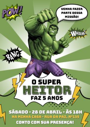 Convite de Aniversário Hulk Estilo Quadrinhos Editável