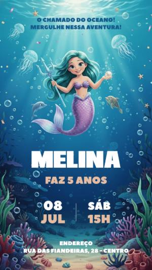 Convite de Aniversário Sereia Fundo do Mar para Editar Online