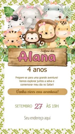 Convite de Aniversário Safari com Animais Fofos para Editar