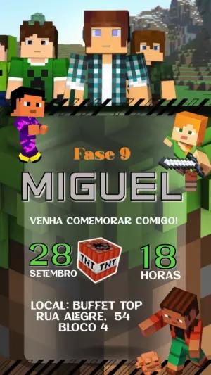 Convite Animado Aniversário Minecraft com Personagens para Editar