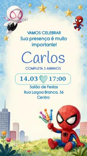 Convite de Aniversário Homem-Aranha e Gwen Fofo Editável