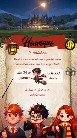Convite Animado Aniversário Harry Potter Chibi para Editar