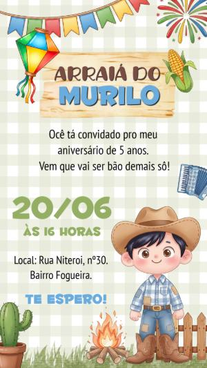 Convite Festa Junina Infantil Menino Caipira Editável