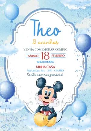 Convite de Aniversário Mickey Azul Aquarela Editável