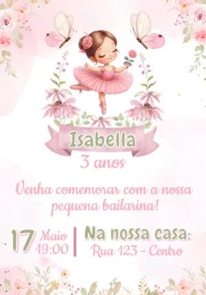 Convite de Aniversário Bailarina Rosa Aquarela Editável
