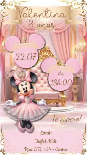 Convite Minnie Realeza Rosa e Dourado para Editar