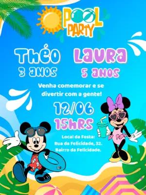 Convite Aniversário Duplo Mickey e Minnie Pool Party para Editar