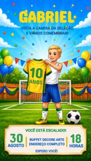 Convite de Aniversário Futebol Brasil Editável para Menino