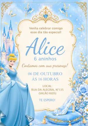 Convite de Aniversário Cinderela Princesa para Editar