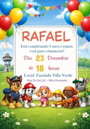 Convite de Aniversário Patrulha Canina Colorido para Editar