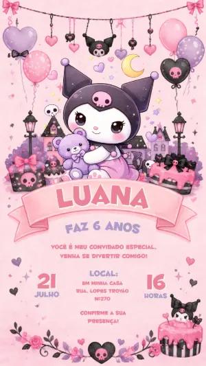 Convite de Aniversário Kuromi Aquarela para Editar