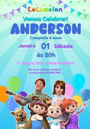 Convite de Aniversário Cocomelon Colorido para Editar