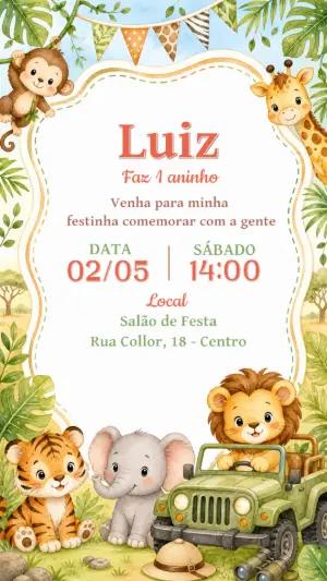 Convite de Aniversário Safari Baby Editável com Animais Fofos