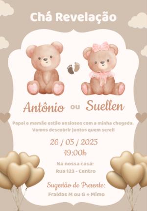 Convite Chá Revelação Ursinhos Fofos para Editar Online