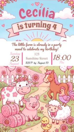 Pink Farm Birthday Invitation Editable Template