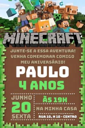 Convite de Aniversário Minecraft com Personagens para Editar Online