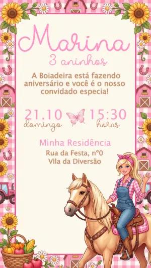 Convite de Aniversário Barbie Boiadeira Fazendinha Rosa Editável