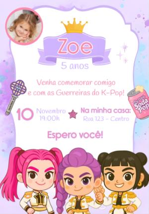 Convite Aniversário Guerreiras do K-Pop com Foto para Editar