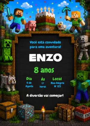 Convite de Aniversário Minecraft: Modelo Digital para Editar