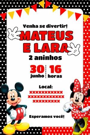 Convite de Aniversário Mickey e Minnie para Editar Online