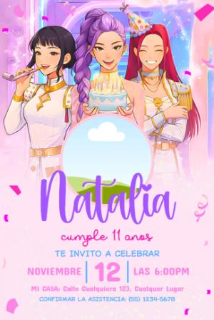 Invitación de Cumpleaños Las Guerreras K-Pop Modelo Editable