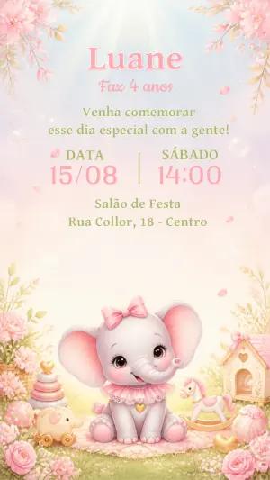 Convite Aniversário Elefantinha Rosa Modelo Editável