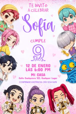 Invitación de Cumpleaños Las Guerreras K-Pop para Editar