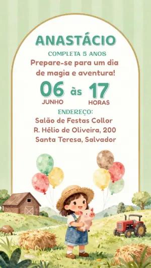 Convite de Aniversário Fazendinha Aquarela para Editar