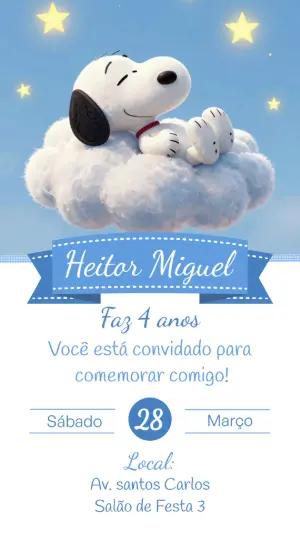 Convite de Aniversário Snoopy Fofo nas Nuvens para Editar
