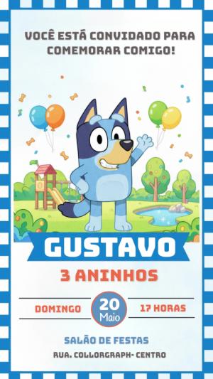 Convite Digital Tema Bluey para Aniversário Infantil Editável
