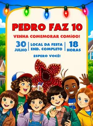Convite de Aniversário Stranger Things Ilustrado para Editar