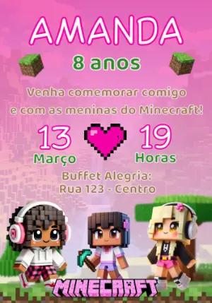 Convite de Aniversário Minecraft Menina Rosa para Editar