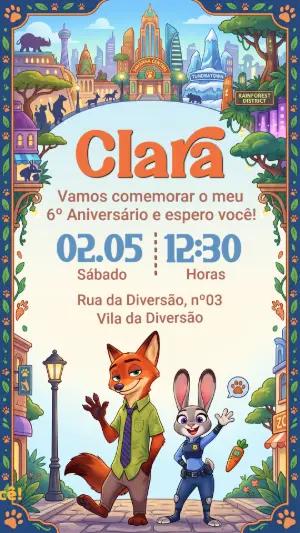 Convite de Aniversário Zootopia Editável para Festa Infantil
