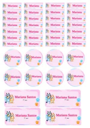 Etiquetas Escolares Bluey Rosa: Modelo Editável para Material