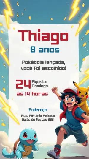 Convite de Aniversário Pokémon com Ash e Pikachu para Editar